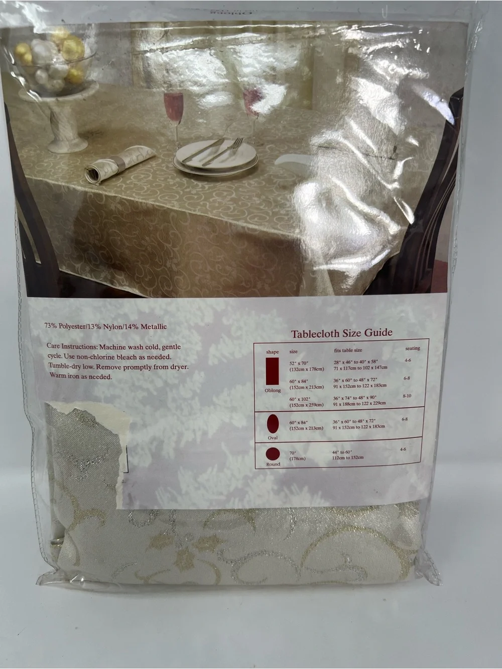 December Home Fabric Tablecloth Oblong 60x102 NOS Ivory Gold Silver Scroll